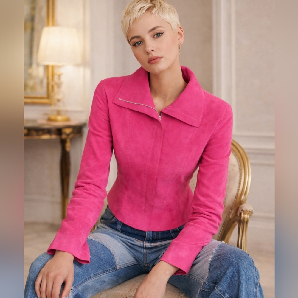 SUEDE💞MARC CAIN($975)💞SO SOFT Barbie HOT Pink Zip-Front FITTED Jacket GUC Sz S